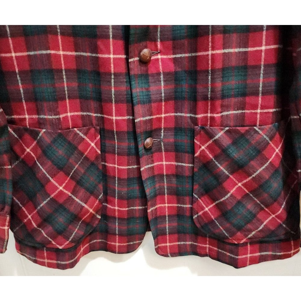 VTG Pendleton 60s 70s Smoking Jacket Red Tartan Plaid Size S 100% Virgin Wool - Picture 8 of 10